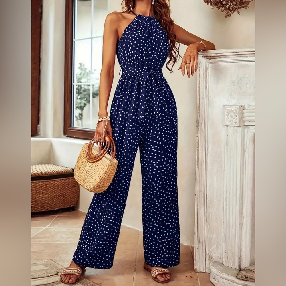 Elegant Geometric Halter Neck Culottes Wide Leg Jumpsuit, Versatile Sleeveless - Picture 2 of 5